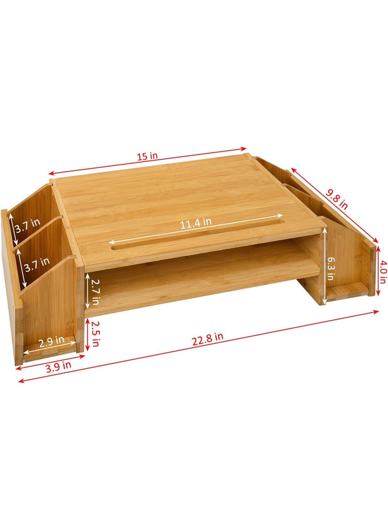 Two-tier bamboo monitor stand, wooden computer monitor riser, wooden desk organizers with adjustable storage accessories, shelf for laptops and printers. - Image 3