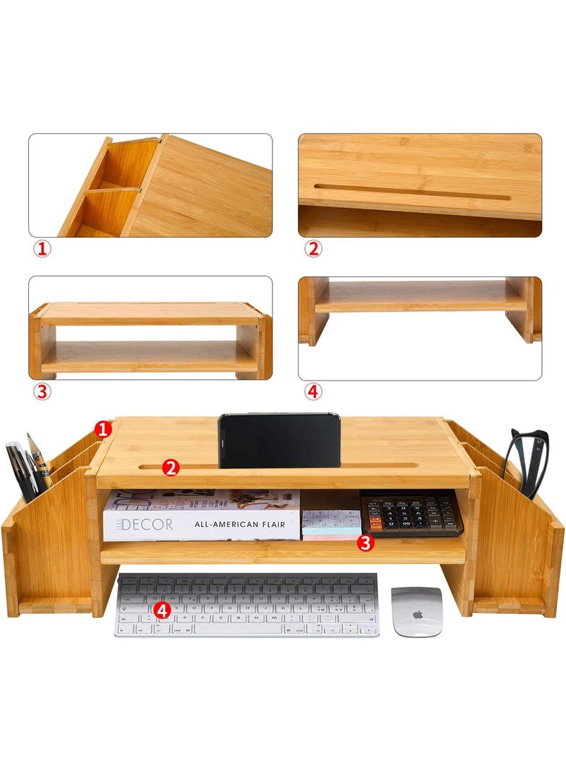Two-tier bamboo monitor stand, wooden computer monitor riser, wooden desk organizers with adjustable storage accessories, shelf for laptops and printers. - Image 5