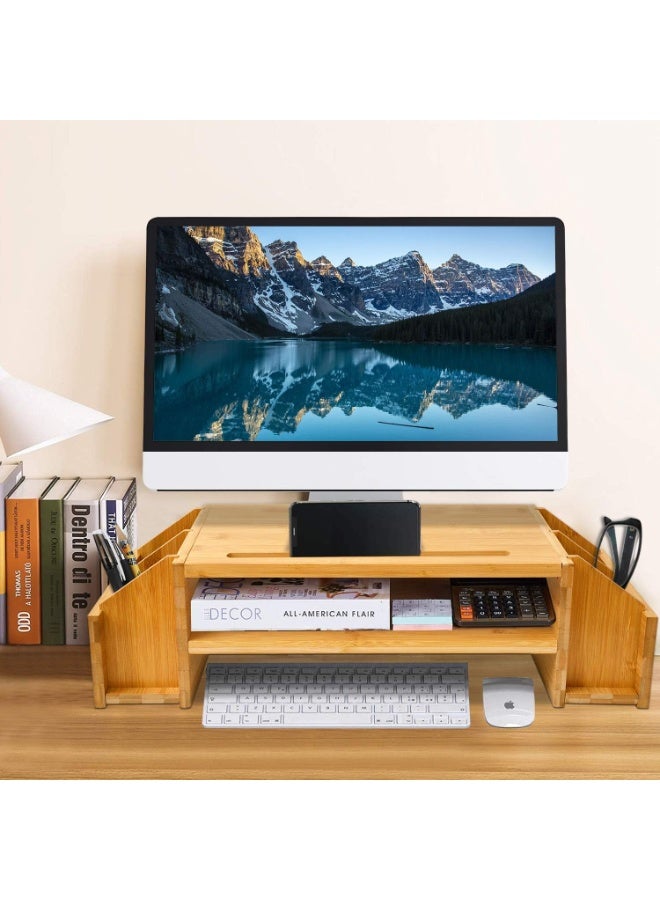 Two-tier bamboo monitor stand, wooden computer monitor riser, wooden desk organizers with adjustable storage accessories, shelf for laptops and printers. - Image 2