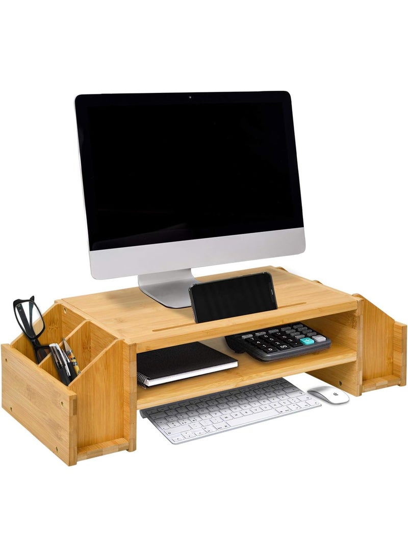 Two-tier bamboo monitor stand, wooden computer monitor riser, wooden desk organizers with adjustable storage accessories, shelf for laptops and printers. - Image 1