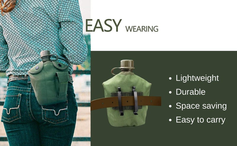 BeGrit Military Canteen Army Canteen WWII US G.I. Style Canteen Kit with Aluminum Cup Stainless Steel Foldable Spoon Fork for Hiking Backpacking Camping, 1 Quart Green - Image 5