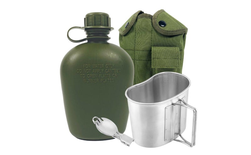BeGrit Military Canteen Army Canteen WWII US G.I. Style Canteen Kit with Aluminum Cup Stainless Steel Foldable Spoon Fork for Hiking Backpacking Camping, 1 Quart Green - Image 1