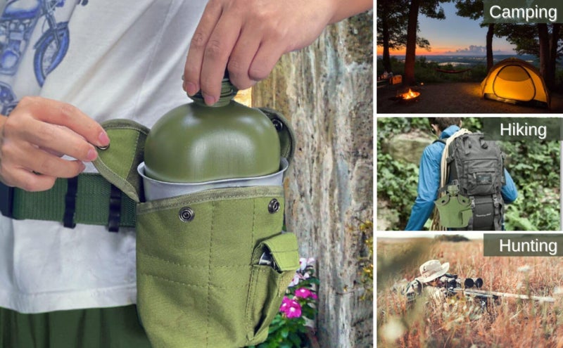 BeGrit Military Canteen Army Canteen WWII US G.I. Style Canteen Kit with Aluminum Cup Stainless Steel Foldable Spoon Fork for Hiking Backpacking Camping, 1 Quart Green - Image 4