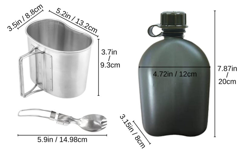 BeGrit Military Canteen Army Canteen WWII US G.I. Style Canteen Kit with Aluminum Cup Stainless Steel Foldable Spoon Fork for Hiking Backpacking Camping, 1 Quart Green - Image 2
