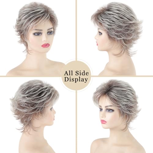TISHINING Layered Short Blonde Pixie Wigs for White Women Dark Brown Ombre Blonde Pixie Cut Wig with Bangs Synthetic Natural Looking Daily Party Wig - Image 2