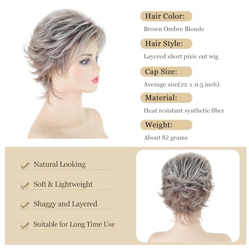 TISHINING Layered Short Blonde Pixie Wigs for White Women Dark Brown Ombre Blonde Pixie Cut Wig with Bangs Synthetic Natural Looking Daily Party Wig - Image 3