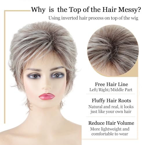 TISHINING Layered Short Blonde Pixie Wigs for White Women Dark Brown Ombre Blonde Pixie Cut Wig with Bangs Synthetic Natural Looking Daily Party Wig - Image 5