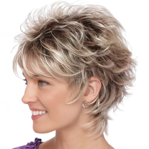 TISHINING Layered Short Blonde Pixie Wigs for White Women Dark Brown Ombre Blonde Pixie Cut Wig with Bangs Synthetic Natural Looking Daily Party Wig - Image 1