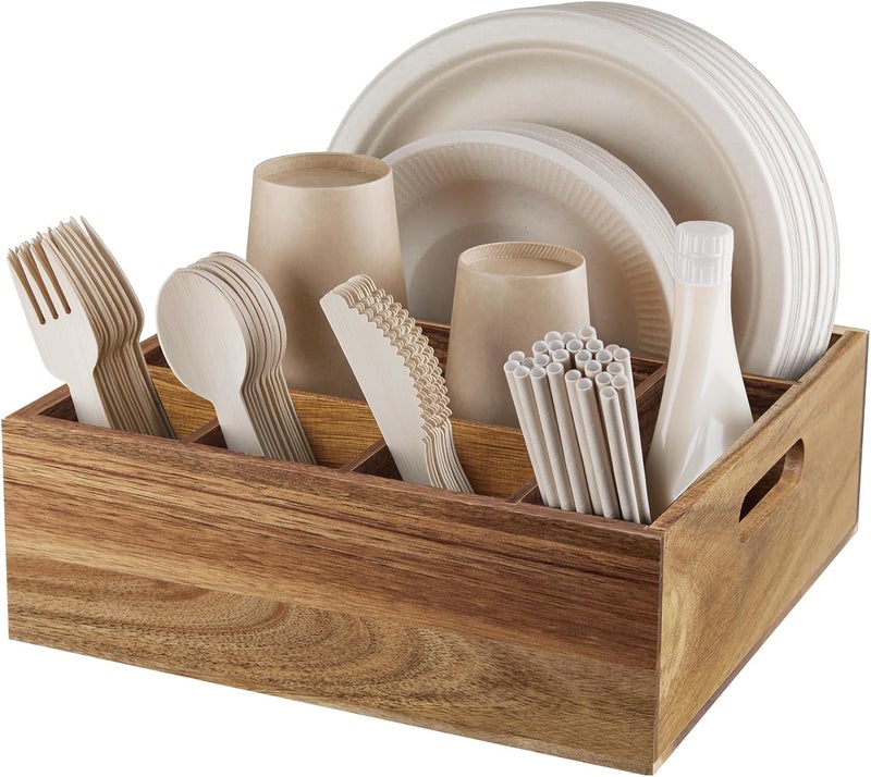 ALELION Acacia Wood Utensil Holder for Party  Paper Plate Organizer for Countertop  Silverware Caddy with 6 Compartments for Plate Cup Fork Spoon  Cutlery Holder for Kitchen Camping Buffet - Image 1