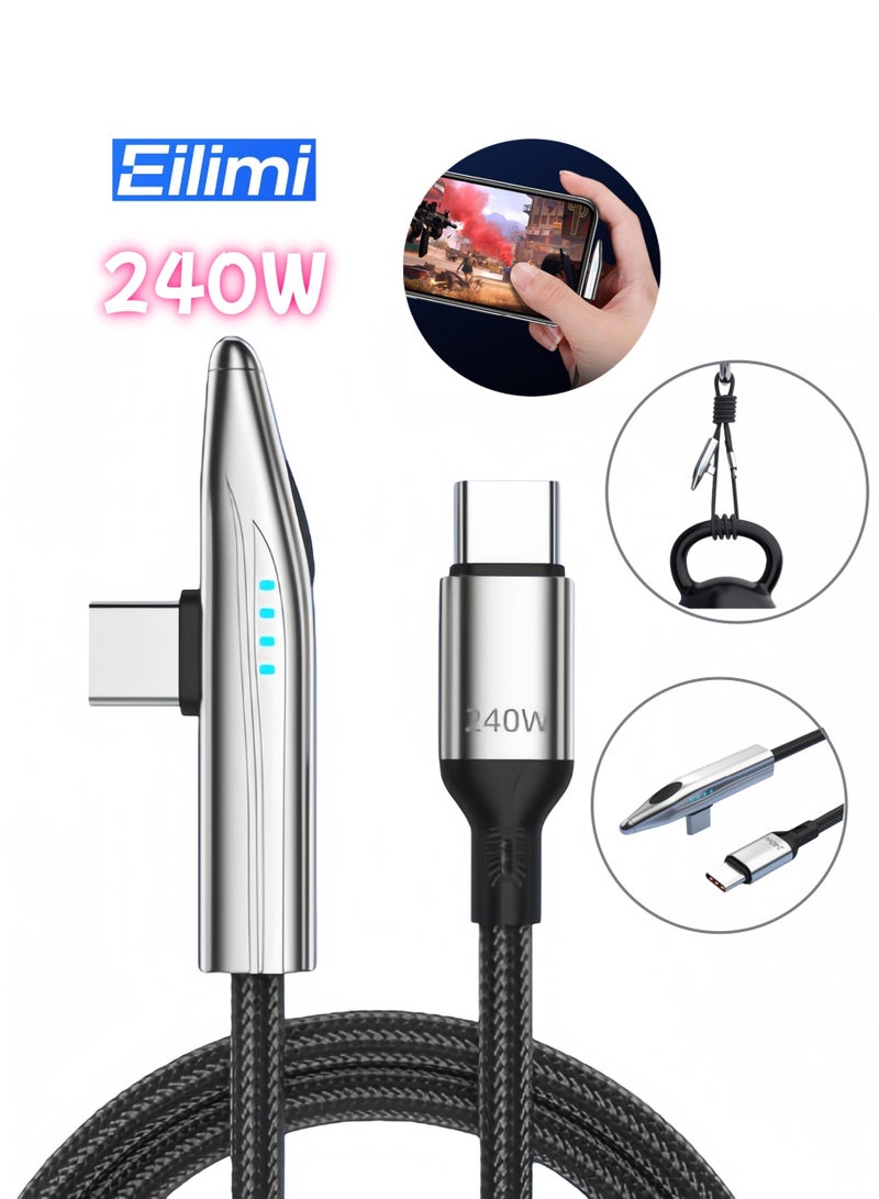 اعاره كابل USB C بقوة 240 وات، كابل شحن سريع من USB C إلى USB C بزاوية قائمة مع شكل سكة عالية السرعة فريد، كابل دائري مضفر من النايلون من النوع C، أسلاك شحن من C إلى C لسلسلة iPhone 16 15/Samsung/الكمبيوتر المحمول، بطول 3.94 قدم - Image 1