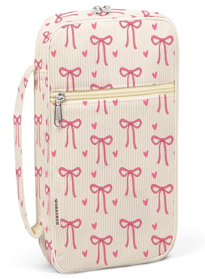 WOBAGMEN Bible Cover Case for Women,Cordoury Bible Cover for Men Women with Handle,Beign Bible Book Cover,Floral Carrying Case Bible Protective Christian Gift(Pink Bow, M) - Image 1