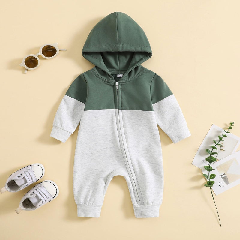 allshope Newborn Baby Boy Fall Outfit Romper Long Sleeve Hooded Contrast Color Zipper Jumpsuit Bodysuit Infant Clothes (Green, 0-3 Months) - Image 2