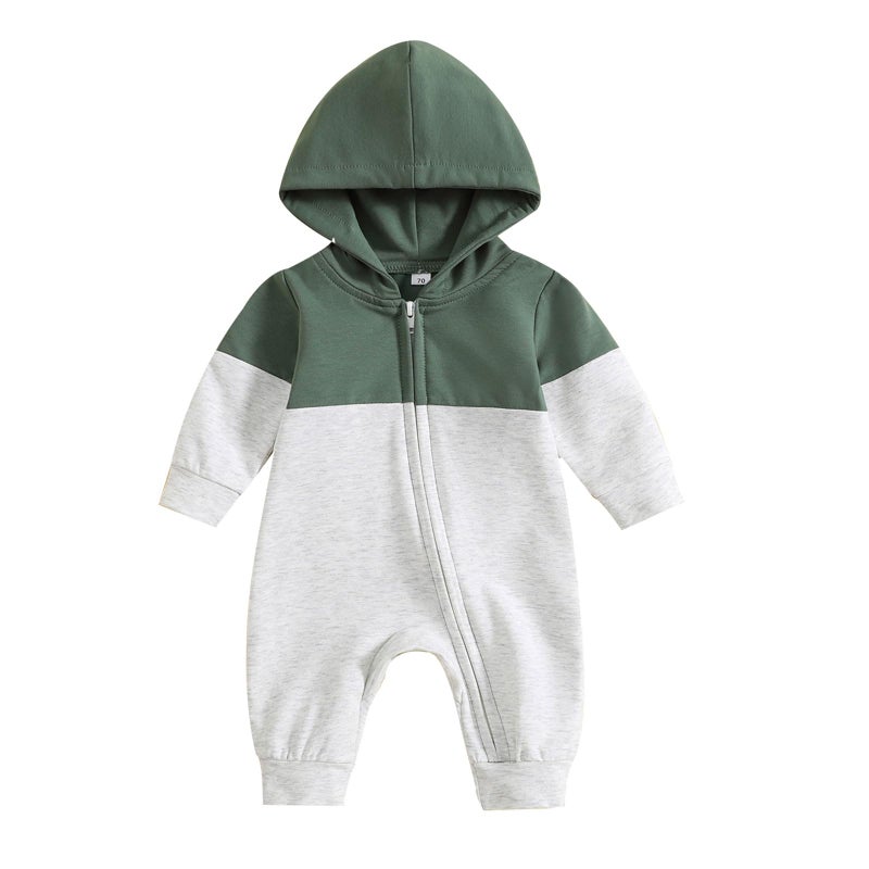 allshope Newborn Baby Boy Fall Outfit Romper Long Sleeve Hooded Contrast Color Zipper Jumpsuit Bodysuit Infant Clothes (Green, 0-3 Months) - Image 1