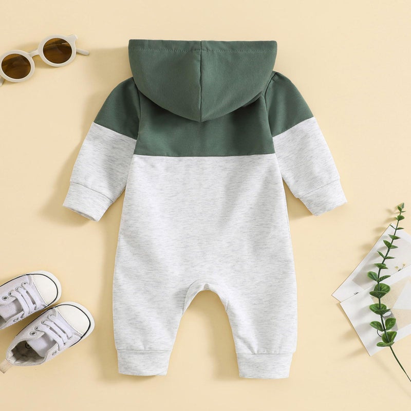 allshope Newborn Baby Boy Fall Outfit Romper Long Sleeve Hooded Contrast Color Zipper Jumpsuit Bodysuit Infant Clothes (Green, 0-3 Months) - Image 3