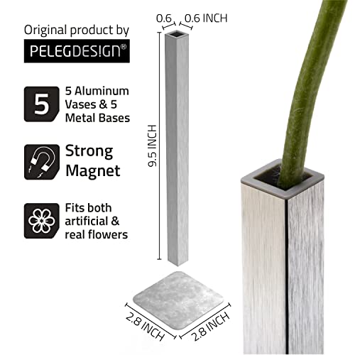 PELEG DESIGN Magnetic Flower Vase - Unique and Modern Set of 5 Silver Aluminum Vases for Home Garden Décor | 9.4 x 0.6 x 0.6 inches | Suitable for Both Real and Artificial Flowers - Image 5