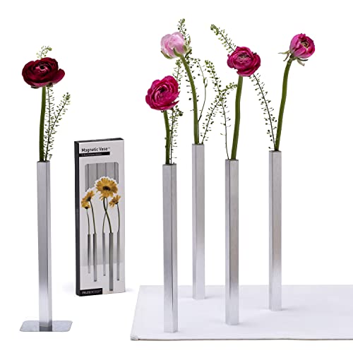 PELEG DESIGN Magnetic Flower Vase - Unique and Modern Set of 5 Silver Aluminum Vases for Home Garden Décor | 9.4 x 0.6 x 0.6 inches | Suitable for Both Real and Artificial Flowers - Image 1