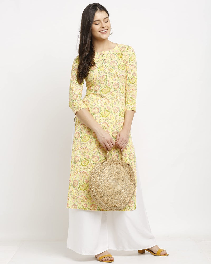 Rajnandini Women's Pure Cambric Cotton Jaipuri Regular Fit Printed Kurti (JOPLJPR85-M_Yellow_Medium) - Image 3