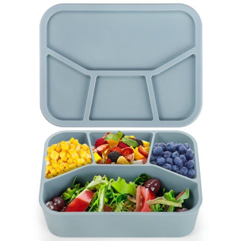 Noamus Silicone Bento Box  4 Compartment Leakproof Lunch Box With Lid  42 Oz Unbreakable Food-Grade Divided Storage Container For Adult Kid  Bpa Free  Oven Dishwasher Freezer Safe (Grayish Blue) - Image 4