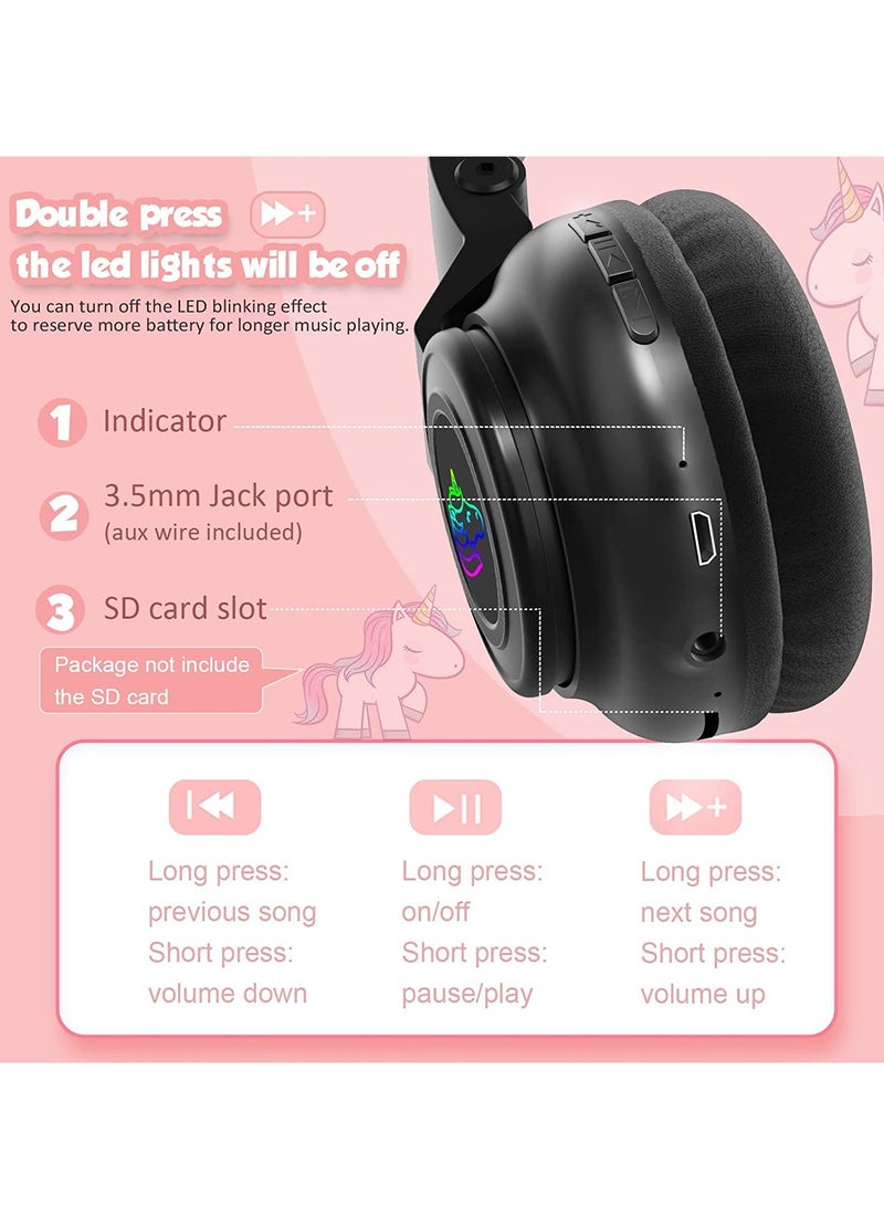 KASTWAVE Unicorn Headphones, Bluetooth Foldable Headphones Stero with Microphone and Volume Control Light Up for PC/Cell Phones/TV/iPad, Boys Girls Kids (black) - Image 5