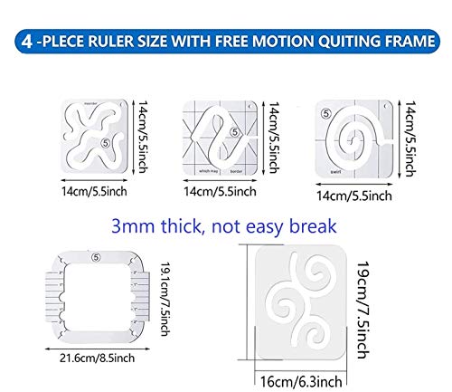 JFTOWN 5 pcs Free Motion Quilting Template Rulers 4pcs Quilting Ruler 3mm with Quilting Frame for Domestic Sewing Machine with Low Shank Ruler add 48pcs Non-Slip Grips (B) - Image 2