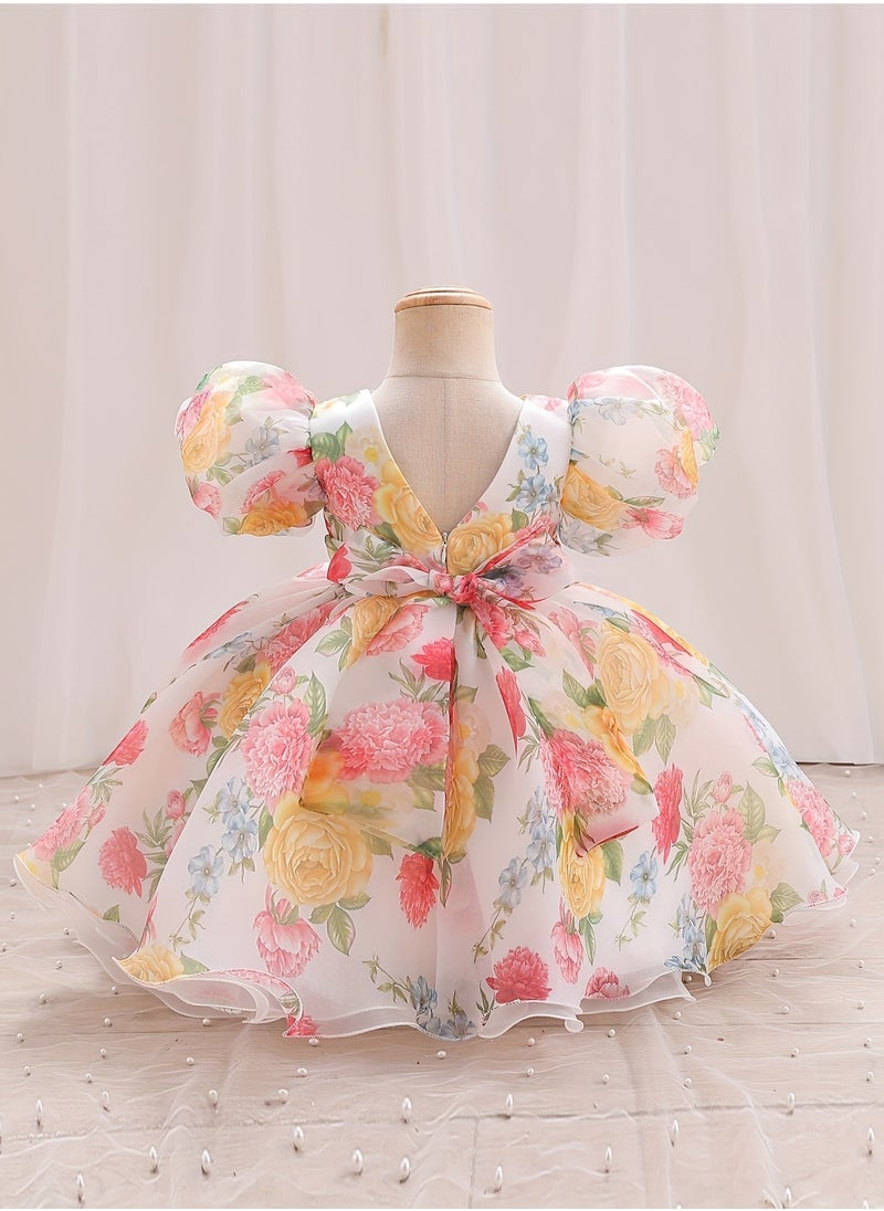 Generic Baby Girl Dress - Puff Sleeve Tulle Party Dress with Elegant Back Bow Detail & Round Neck, Newborn Baby Dress, Baby Gift Set, Girl Dress, Frock for Girls, Newborn Baby Clothes - Multicolor, 90cm (12-18M)  - Image 2