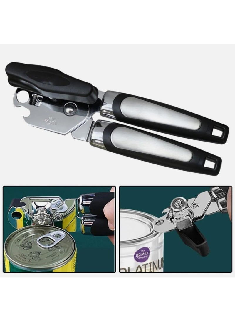 فتاحة علب يدوية 3 في 1 مصنوعة من الفولاذ المقاوم للصدأ، فتاحة علب يدوية شديدة التحمل بمقابض مريحة مانعة للانزلاق، وعجلة قطع ذات حواف ناعمة وفتاحة زجاجات مدمجة، فتاحة علب آمنة سهلة الدوران. - Image 2