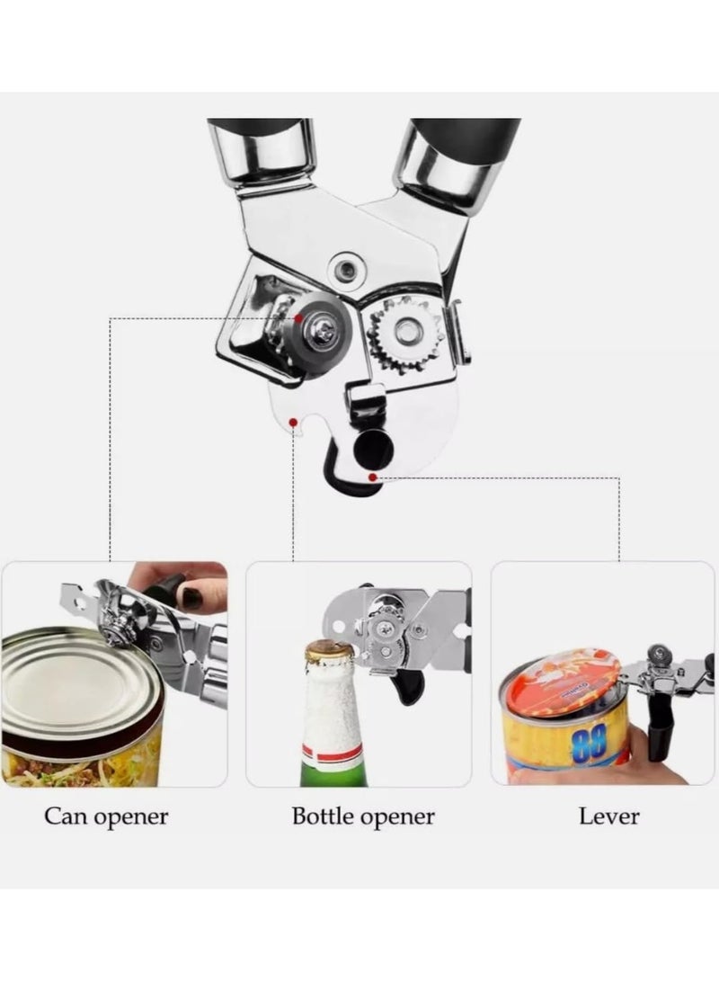 فتاحة علب يدوية 3 في 1 مصنوعة من الفولاذ المقاوم للصدأ، فتاحة علب يدوية شديدة التحمل بمقابض مريحة مانعة للانزلاق، وعجلة قطع ذات حواف ناعمة وفتاحة زجاجات مدمجة، فتاحة علب آمنة سهلة الدوران. - Image 3