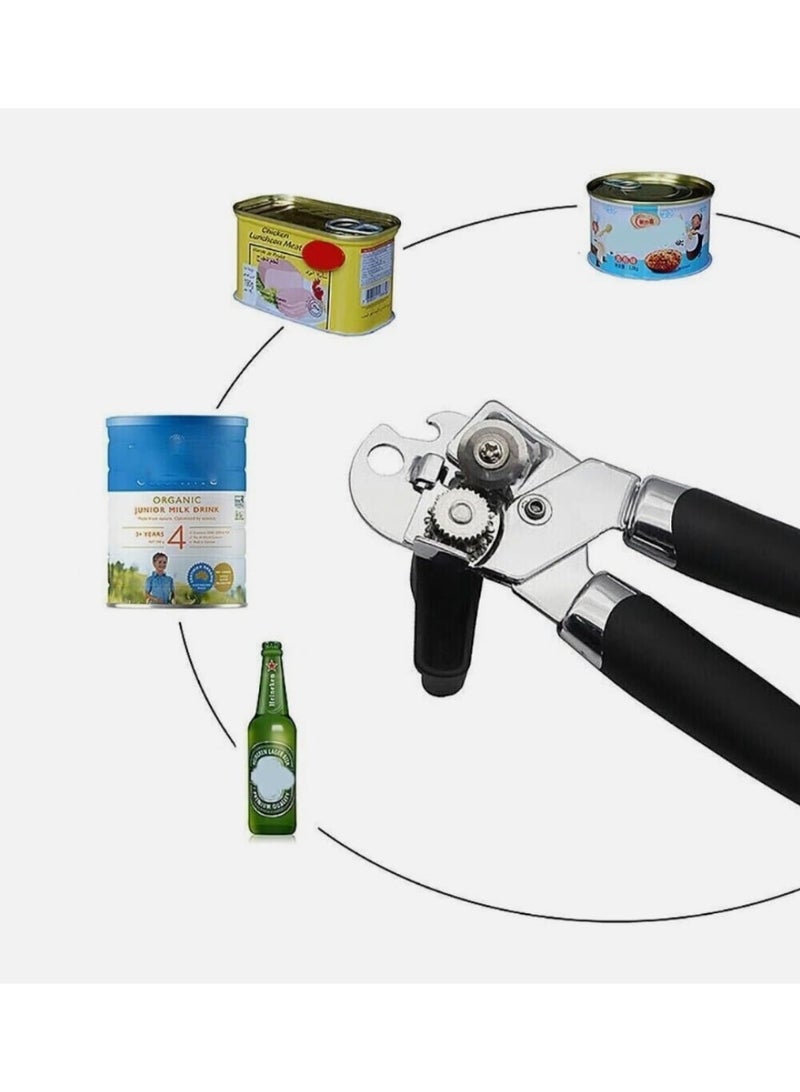 فتاحة علب يدوية 3 في 1 مصنوعة من الفولاذ المقاوم للصدأ، فتاحة علب يدوية شديدة التحمل بمقابض مريحة مانعة للانزلاق، وعجلة قطع ذات حواف ناعمة وفتاحة زجاجات مدمجة، فتاحة علب آمنة سهلة الدوران. - Image 4