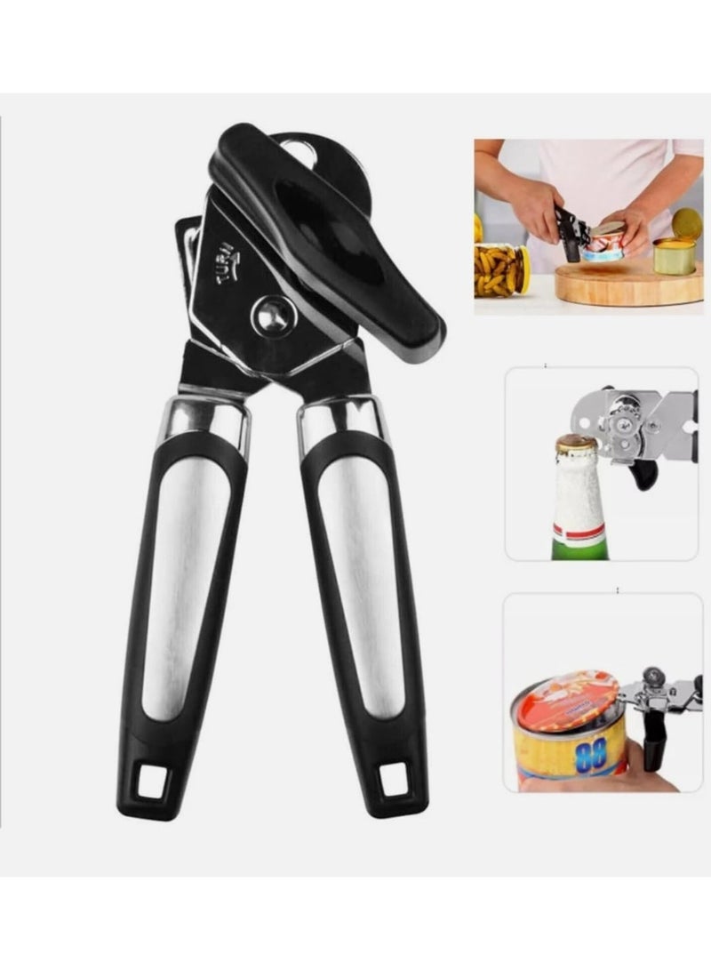 فتاحة علب يدوية 3 في 1 مصنوعة من الفولاذ المقاوم للصدأ، فتاحة علب يدوية شديدة التحمل بمقابض مريحة مانعة للانزلاق، وعجلة قطع ذات حواف ناعمة وفتاحة زجاجات مدمجة، فتاحة علب آمنة سهلة الدوران. - Image 5