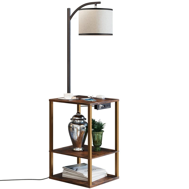 SUNMORY Floor Lamp with Table End Table with Lamp Shelves Charging StationUSB  AC Port 3Color Temperature LED Bulb Side Table Lamps for Living Room Bedroom Office Rustic Brown