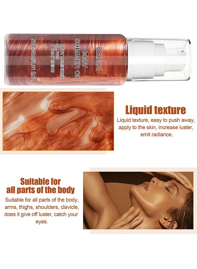 إيلهو سائل زيت وميض للجسم سهل الدفع بعيدا الرطوبة الطبيعية بريق الوجه تفتيح توهج اللؤلؤ هايلايتر منور تألق الكنتوري ماكياج للوجه والجسم 30 مل (بني ذهبي) - Image 4