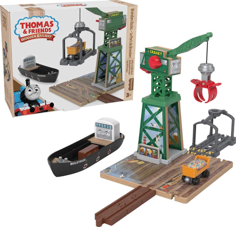 Thomas & Friends Wooden Railway Toy Train Set Brendam Docks Wood Playset with Cranky The Crane for Preschool Kids Ages 3+ Years - Image 1