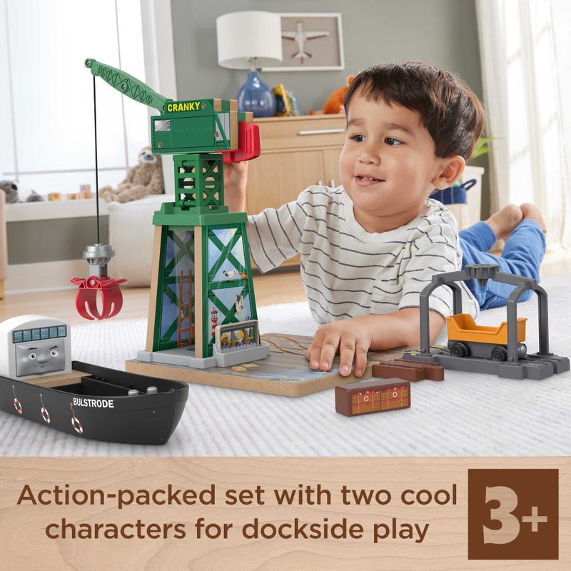 Thomas & Friends Wooden Railway Toy Train Set Brendam Docks Wood Playset with Cranky The Crane for Preschool Kids Ages 3+ Years - Image 2