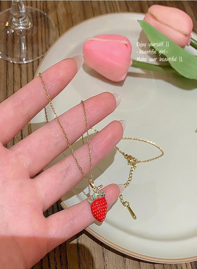 FUTIMELY 4 Pcs Strawberry Jewelry Set Red Strawberry Necklace, Strawberry Earrings, Strawberry Ring, Strawberry Bracelet Cute Food Fruit Charm Jewelry for Woman (Red Strawberry Necklace) - Image 4