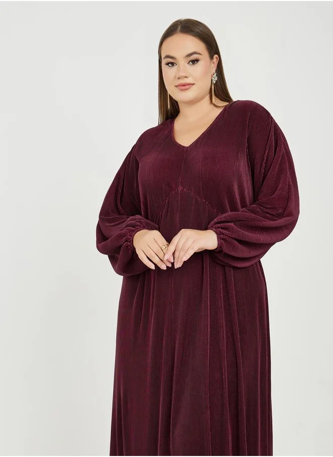 Styli Plus Plisse Maxi Dress with Volume Sleeves