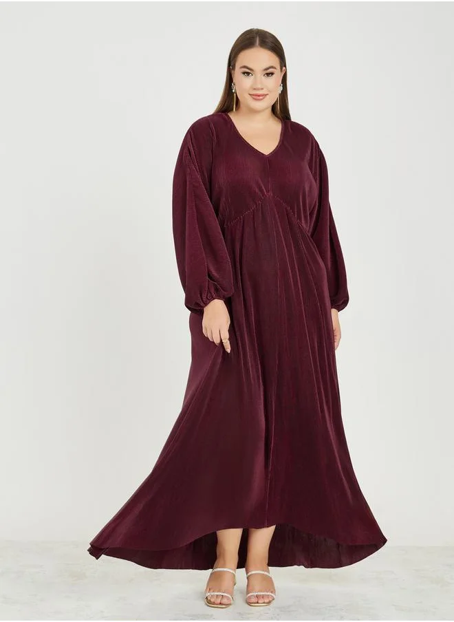 Styli Plus Plisse Maxi Dress with Volume Sleeves
