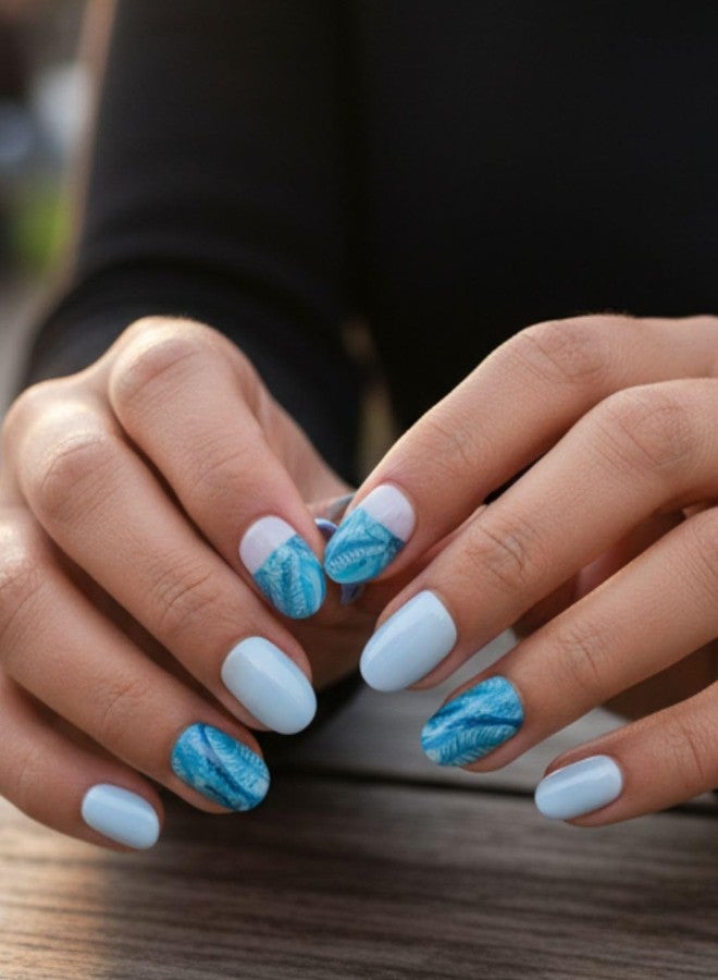 Lick - Press on Nails 30 Pcs Pastel Blue French Manicure Artificial/False Reusable Stick on Nails Oval Shape - Image 1