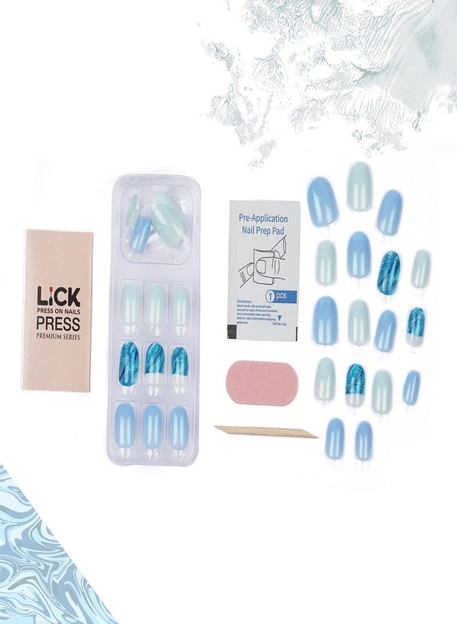 Lick - Press on Nails 30 Pcs Pastel Blue French Manicure Artificial/False Reusable Stick on Nails Oval Shape - Image 3