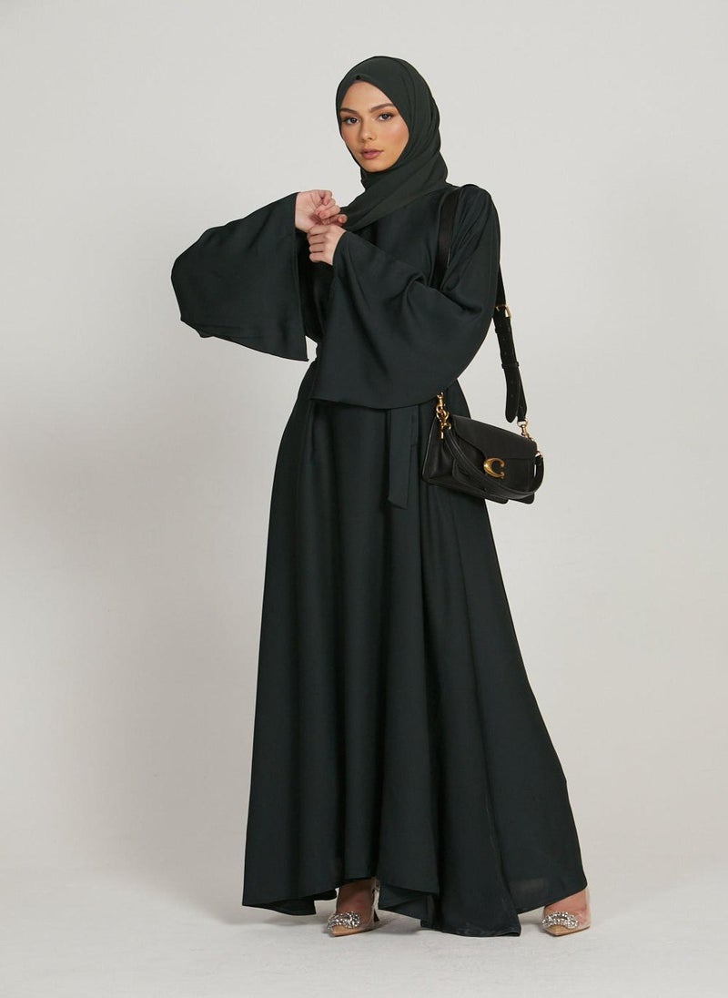 NUKHBAA - Black Nida Flared Sleeves Tie-Up Belted Abaya with Hijab-AB51 - Image 1