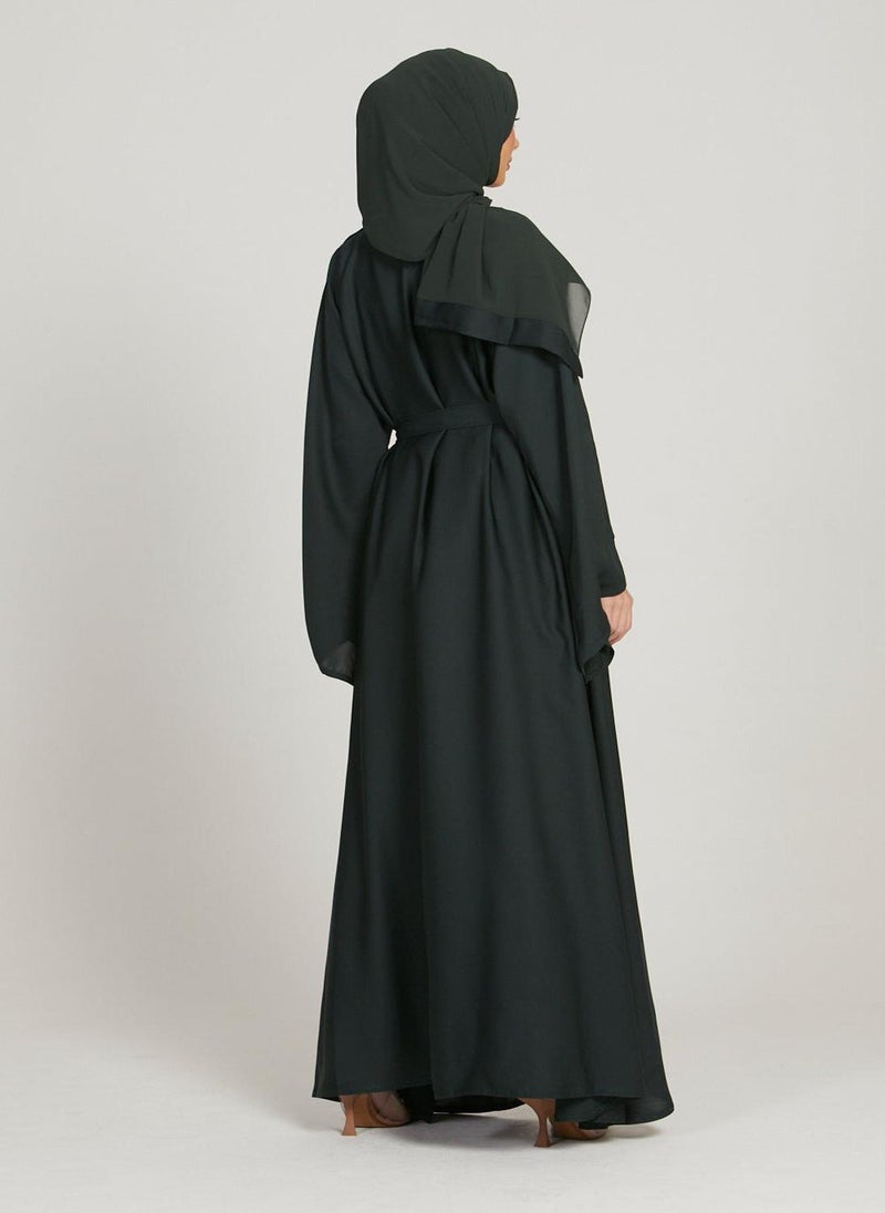 NUKHBAA - Black Nida Flared Sleeves Tie-Up Belted Abaya with Hijab-AB51 - Image 1