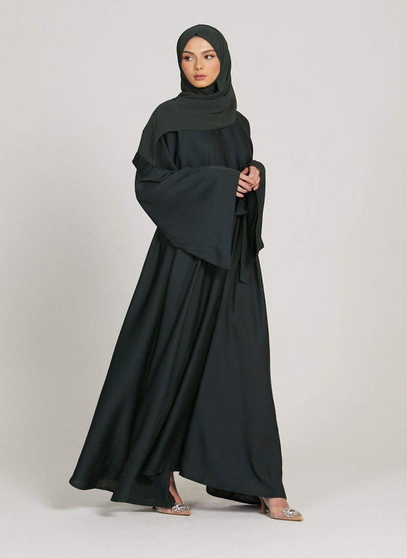 NUKHBAA - Black Nida Flared Sleeves Tie-Up Belted Abaya with Hijab-AB51 - Image 1