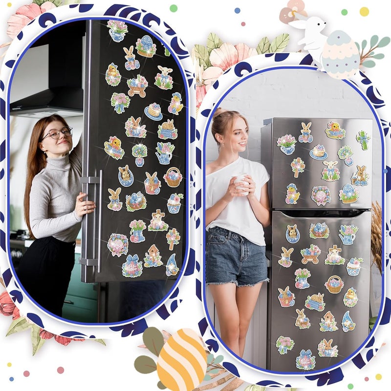 Tellegloww 30 Pcs Easter Diamond Painting Chinoiserie Diamond Art Kits for Adults Porcelain Egg Bunny Refrigerator Sticker Chinoiserie 5D Rhinestone Fridge Sticker for DIY Crafts Easter Decor - Image 2