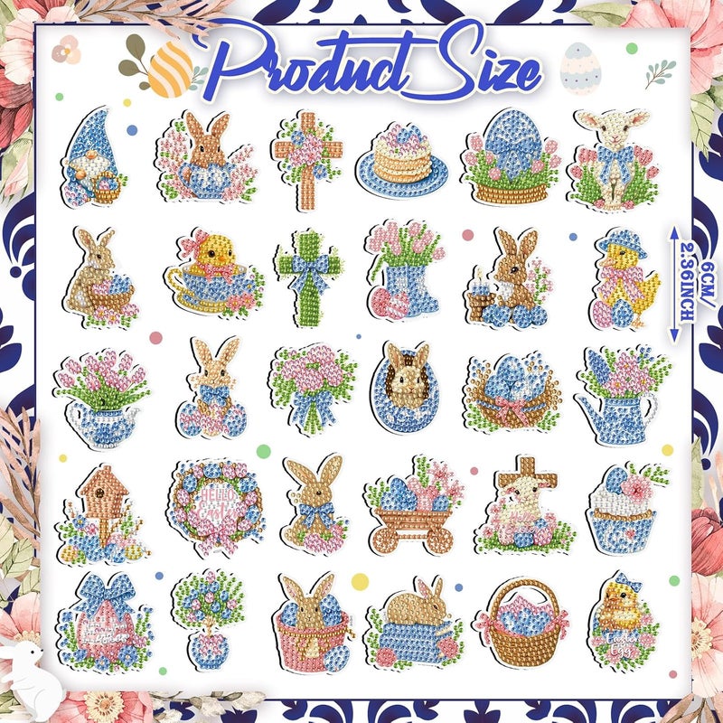 Tellegloww 30 Pcs Easter Diamond Painting Chinoiserie Diamond Art Kits for Adults Porcelain Egg Bunny Refrigerator Sticker Chinoiserie 5D Rhinestone Fridge Sticker for DIY Crafts Easter Decor - Image 3