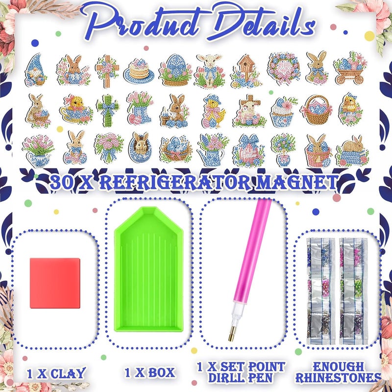 Tellegloww 30 Pcs Easter Diamond Painting Chinoiserie Diamond Art Kits for Adults Porcelain Egg Bunny Refrigerator Sticker Chinoiserie 5D Rhinestone Fridge Sticker for DIY Crafts Easter Decor - Image 4
