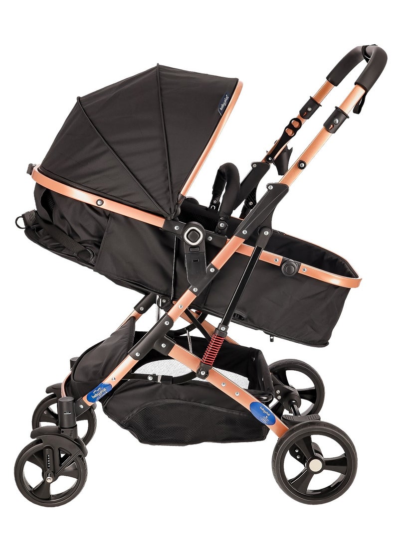 BABY PLUS - Multifunctional Luxury Pram with 6 Adjustable Positions| Easy Foldable, Lightweight, Safety Harness and Canopy with UV Protection | Portable Baby Stroller Ideal for  Babies and Toddlers Ages 0-4, BLACK - Image 1