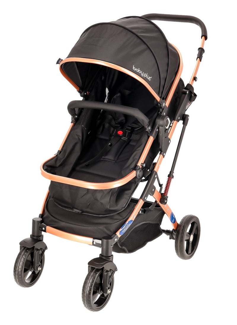 BABY PLUS - Multifunctional Luxury Pram with 6 Adjustable Positions| Easy Foldable, Lightweight, Safety Harness and Canopy with UV Protection | Portable Baby Stroller Ideal for  Babies and Toddlers Ages 0-4, BLACK - Image 1