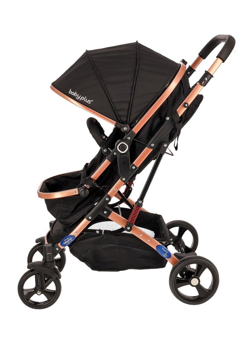 BABY PLUS - Multifunctional Luxury Pram with 6 Adjustable Positions| Easy Foldable, Lightweight, Safety Harness and Canopy with UV Protection | Portable Baby Stroller Ideal for  Babies and Toddlers Ages 0-4, BLACK - Image 1