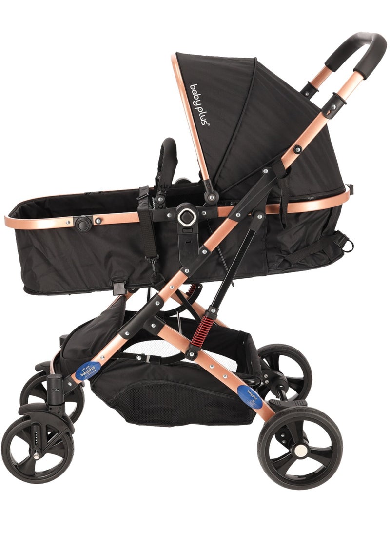 BABY PLUS - Multifunctional Luxury Pram with 6 Adjustable Positions| Easy Foldable, Lightweight, Safety Harness and Canopy with UV Protection | Portable Baby Stroller Ideal for  Babies and Toddlers Ages 0-4, BLACK - Image 1