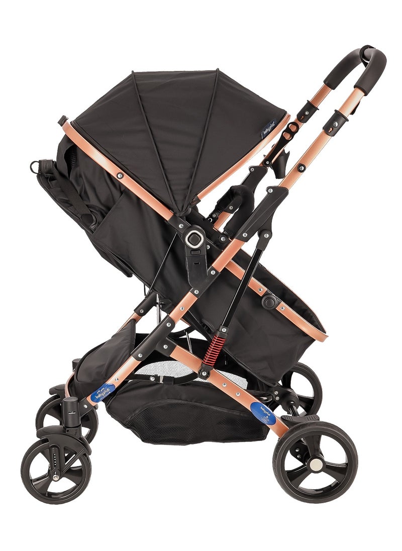 BABY PLUS - Multifunctional Luxury Pram with 6 Adjustable Positions| Easy Foldable, Lightweight, Safety Harness and Canopy with UV Protection | Portable Baby Stroller Ideal for  Babies and Toddlers Ages 0-4, BLACK - Image 1