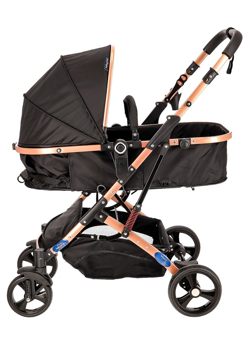 BABY PLUS - Multifunctional Luxury Pram with 6 Adjustable Positions| Easy Foldable, Lightweight, Safety Harness and Canopy with UV Protection | Portable Baby Stroller Ideal for  Babies and Toddlers Ages 0-4, BLACK - Image 1